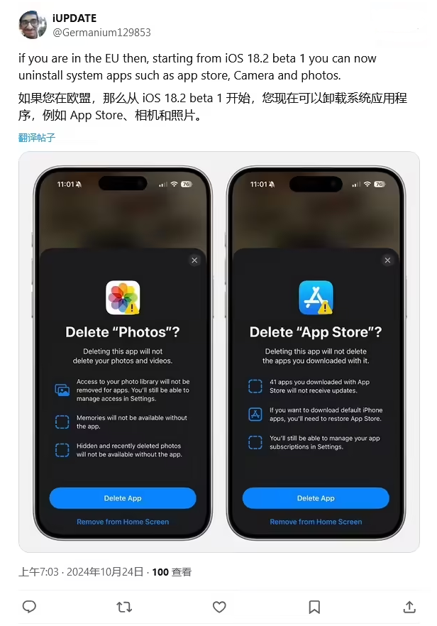 西盟苹果手机维修分享iOS 18.2 支持删除 App Store 应用商店 